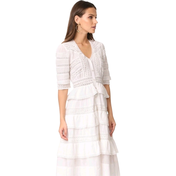 LoveShackFancy Rebecca Eyelet Lace Embroidered Tiered Button Front Midi Dress - Picture 2 of 13